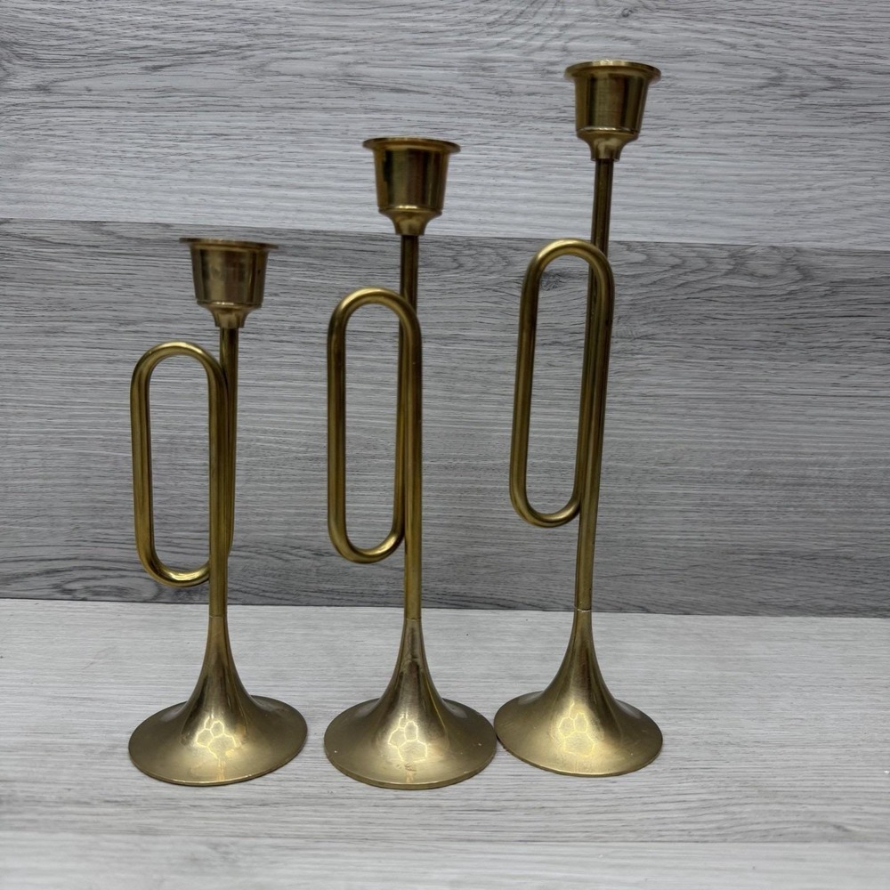 Brass Trumpet Candlestick Holders Graduated Heights Set Of 3
